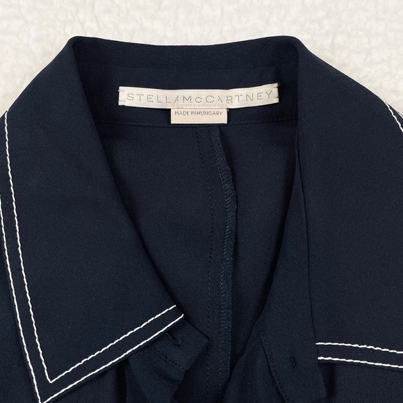 STELLA MCCARTNEY • 100% Silk Navy Contrast-Stitch Collared Mini Dress - Picture 12 of 16